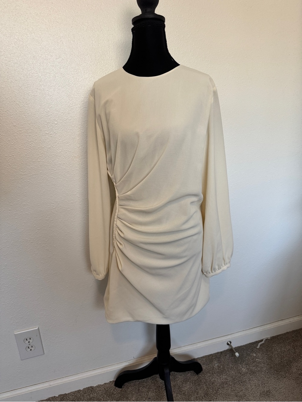 ZARA‎ ZW Collection Ruched Mini Dress Beige Long Sleeve NWT Large - Picture 2 of 6
